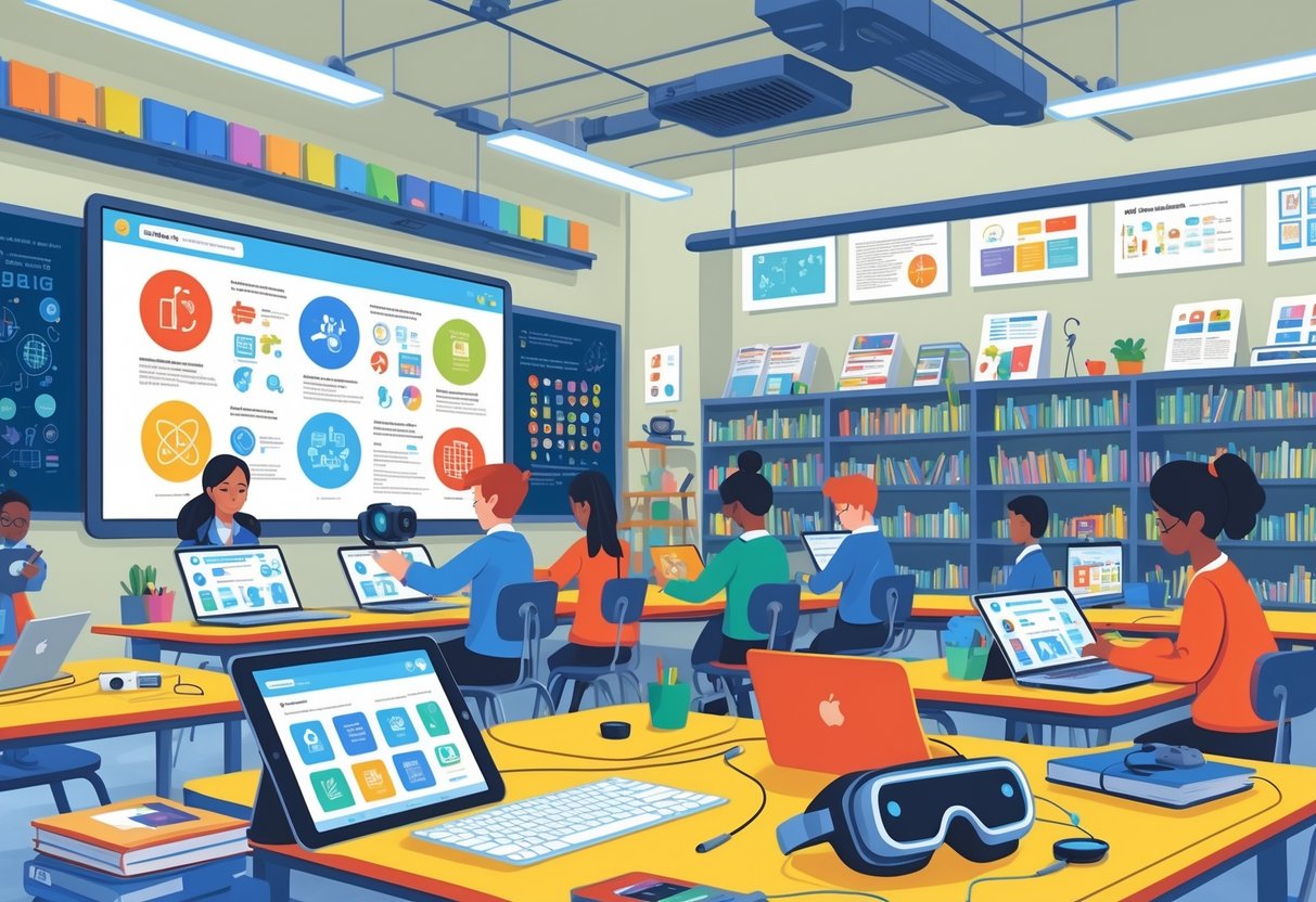 British Curriculum Resources: Comprehensive Guide for Teachers & Schools LearningMole A classroom with students using tablets and laptops, an interactive whiteboard showing educational icons, and various digital learning tools like VR headsets and robotics kits on a desk.