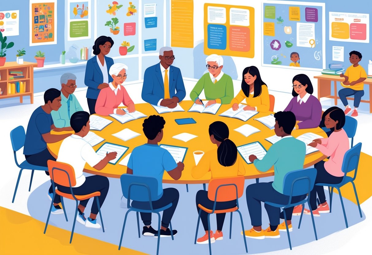 British Curriculum Resources: Comprehensive Guide for Teachers & Schools LearningMole A group of parents, teachers, and community members sitting around a table in a classroom, discussing and working together while children learn nearby.