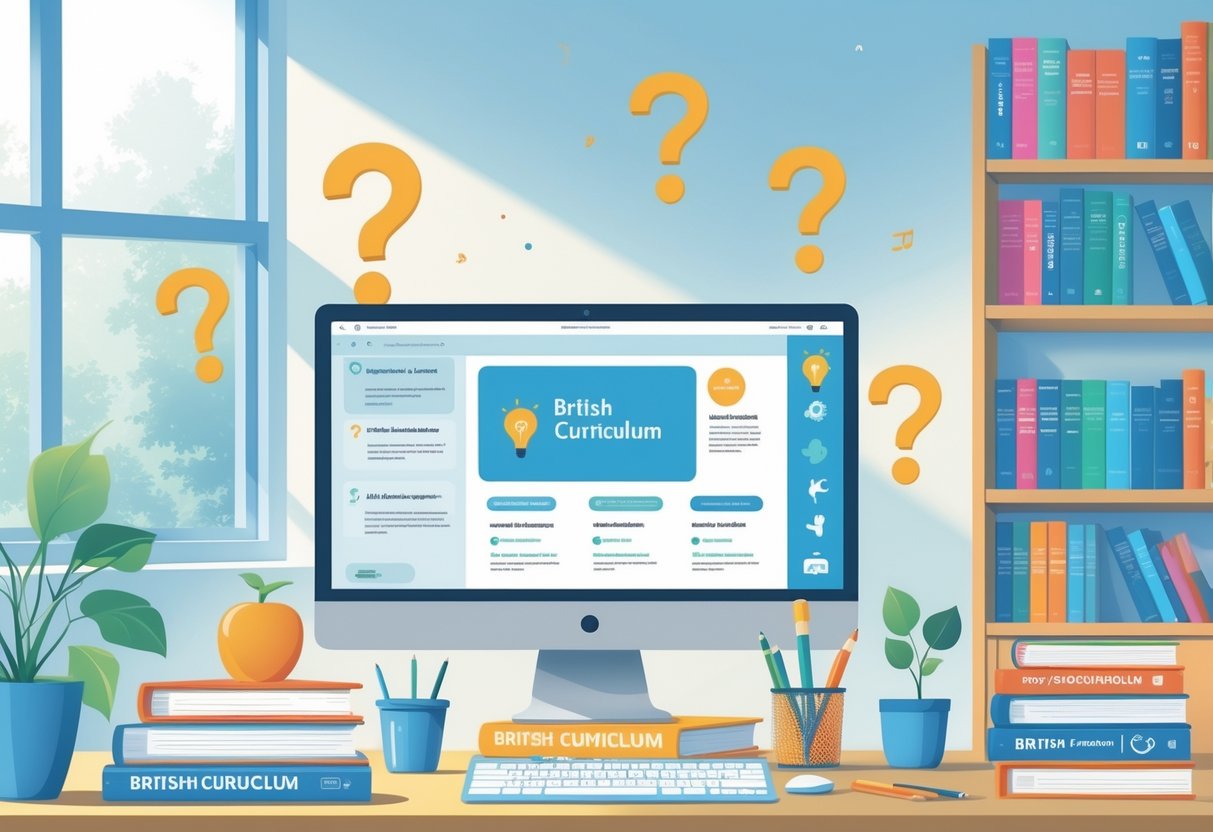 British Curriculum Resources: Comprehensive Guide for Teachers & Schools LearningMole A tidy study desk with textbooks, a laptop, and educational materials related to the British curriculum, with question mark icons subtly integrated in the background.