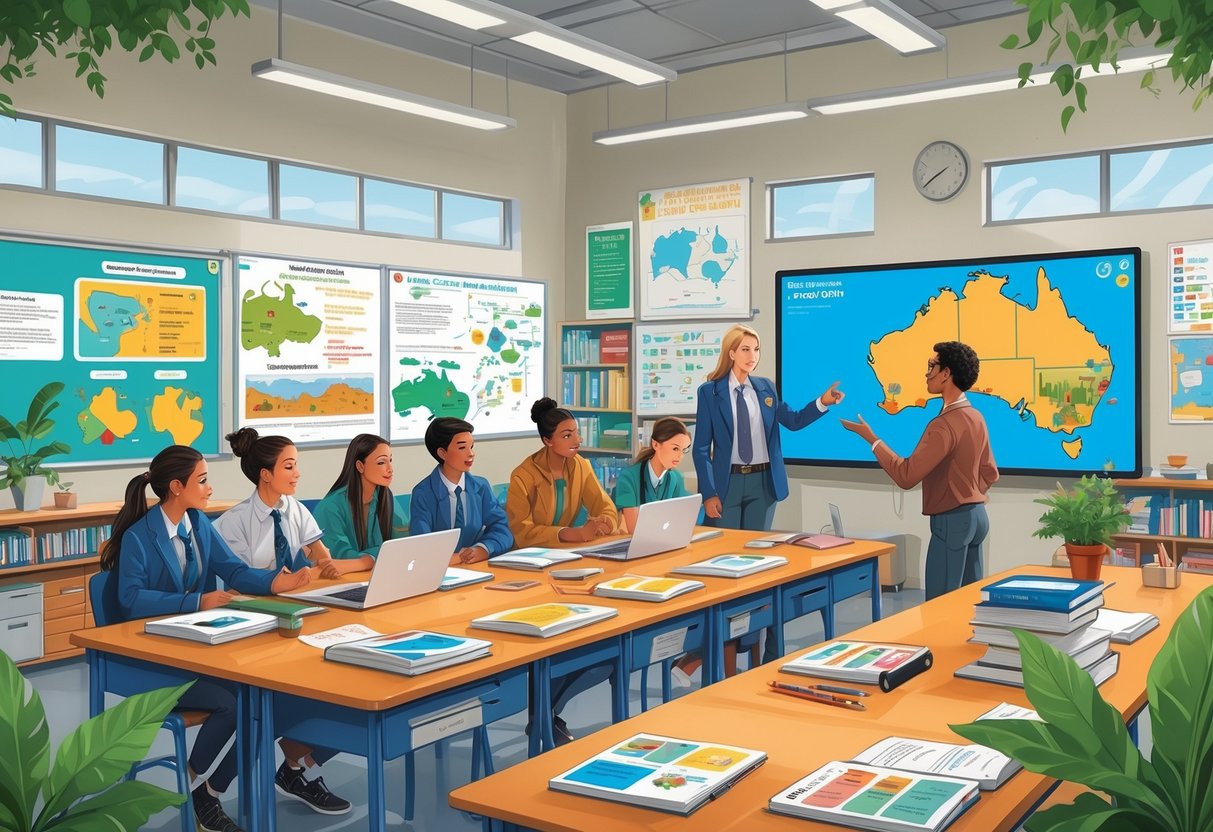 Australian Curriculum Resources: Comprehensive Tools for Teachers LearningMole A classroom with secondary school students and a teacher using educational materials and digital screens focused on Australian curriculum topics.