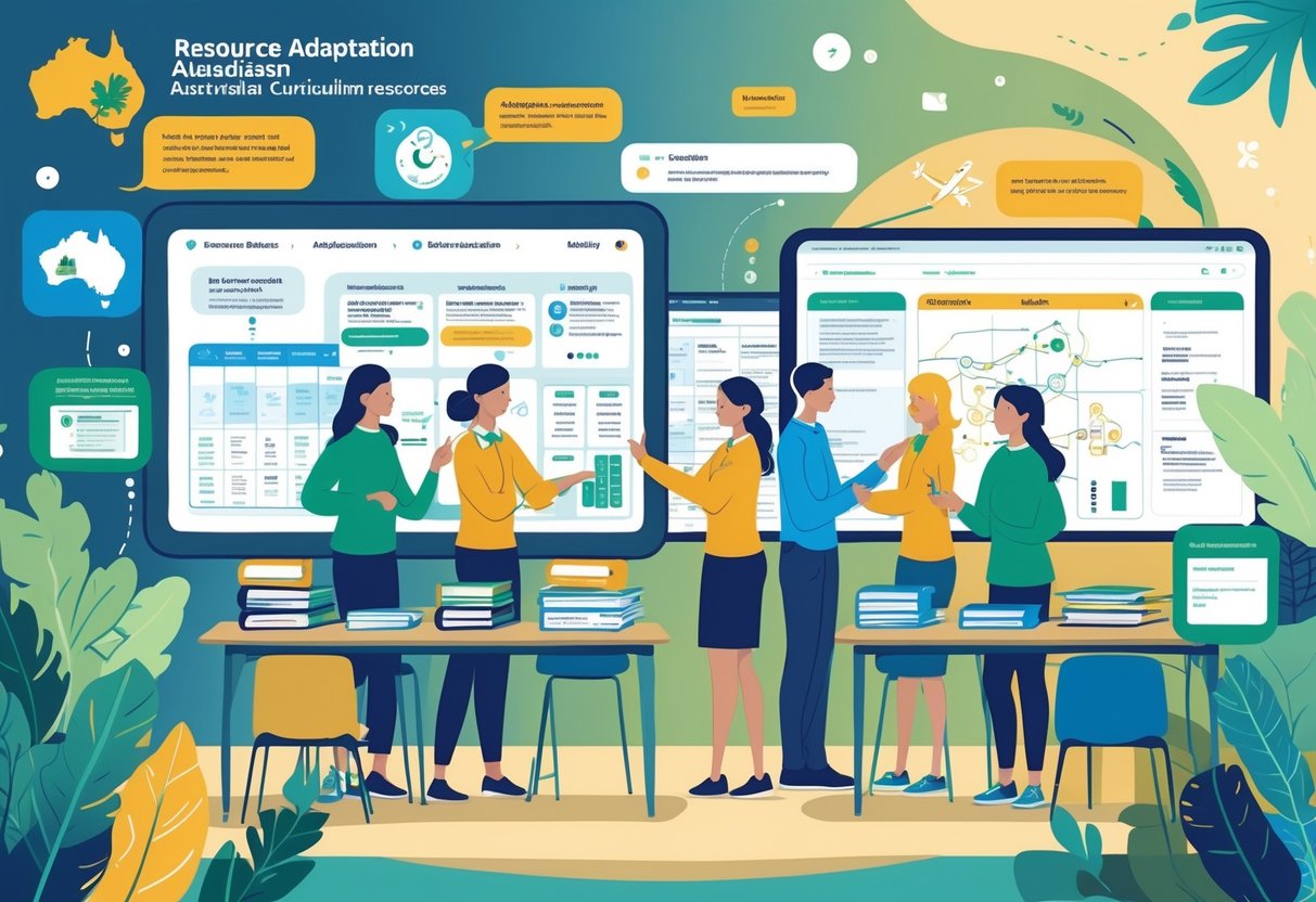 Australian Curriculum Resources: Comprehensive Tools for Teachers LearningMole Educators collaborating in a classroom with digital and physical teaching materials, including an interactive screen and books, surrounded by Australian cultural elements.