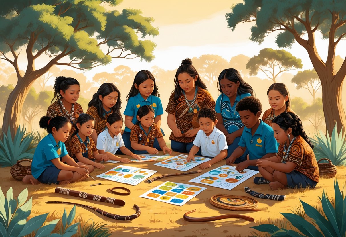 Australian Curriculum Resources: Comprehensive Tools for Teachers LearningMole A group of First Nations Australian people of different ages learning together outdoors surrounded by native plants and traditional cultural items.