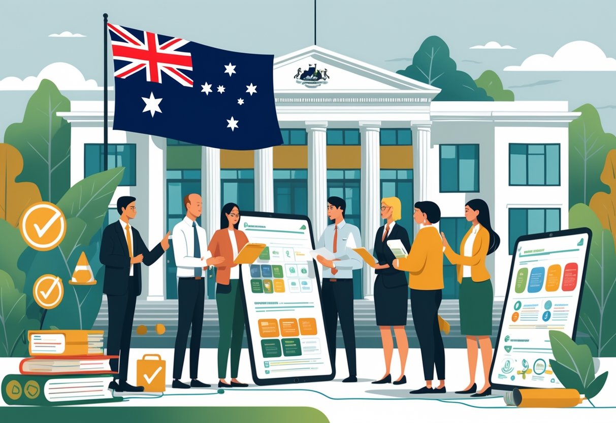 Australian Curriculum Resources: Comprehensive Tools for Teachers LearningMole A group of educators and officials collaborating outside a government building with an Australian flag, reviewing curriculum materials, with students visible in a classroom through windows in the background.