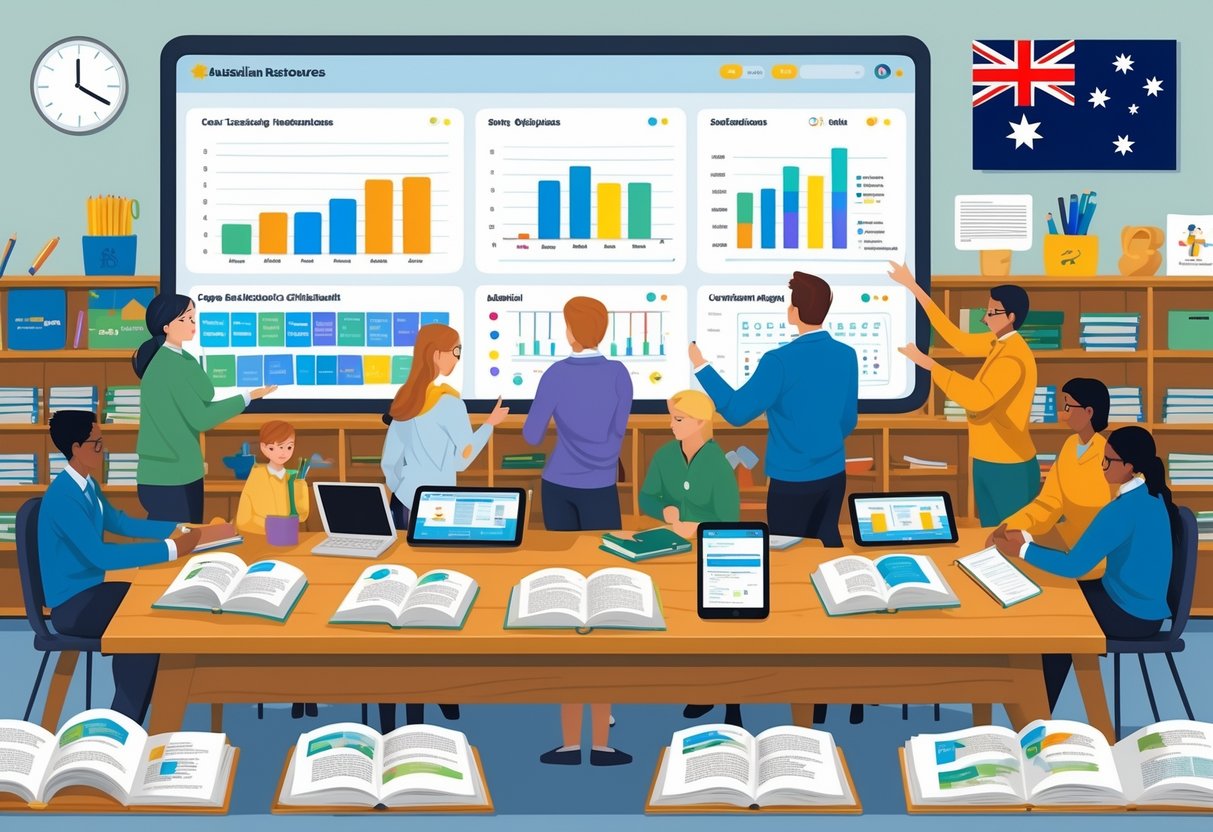 Australian Curriculum Resources: Comprehensive Tools for Teachers LearningMole A group of educators collaborating around a table with books, tablets, and charts, with a screen and shelves displaying educational materials and an Australian map in the background.