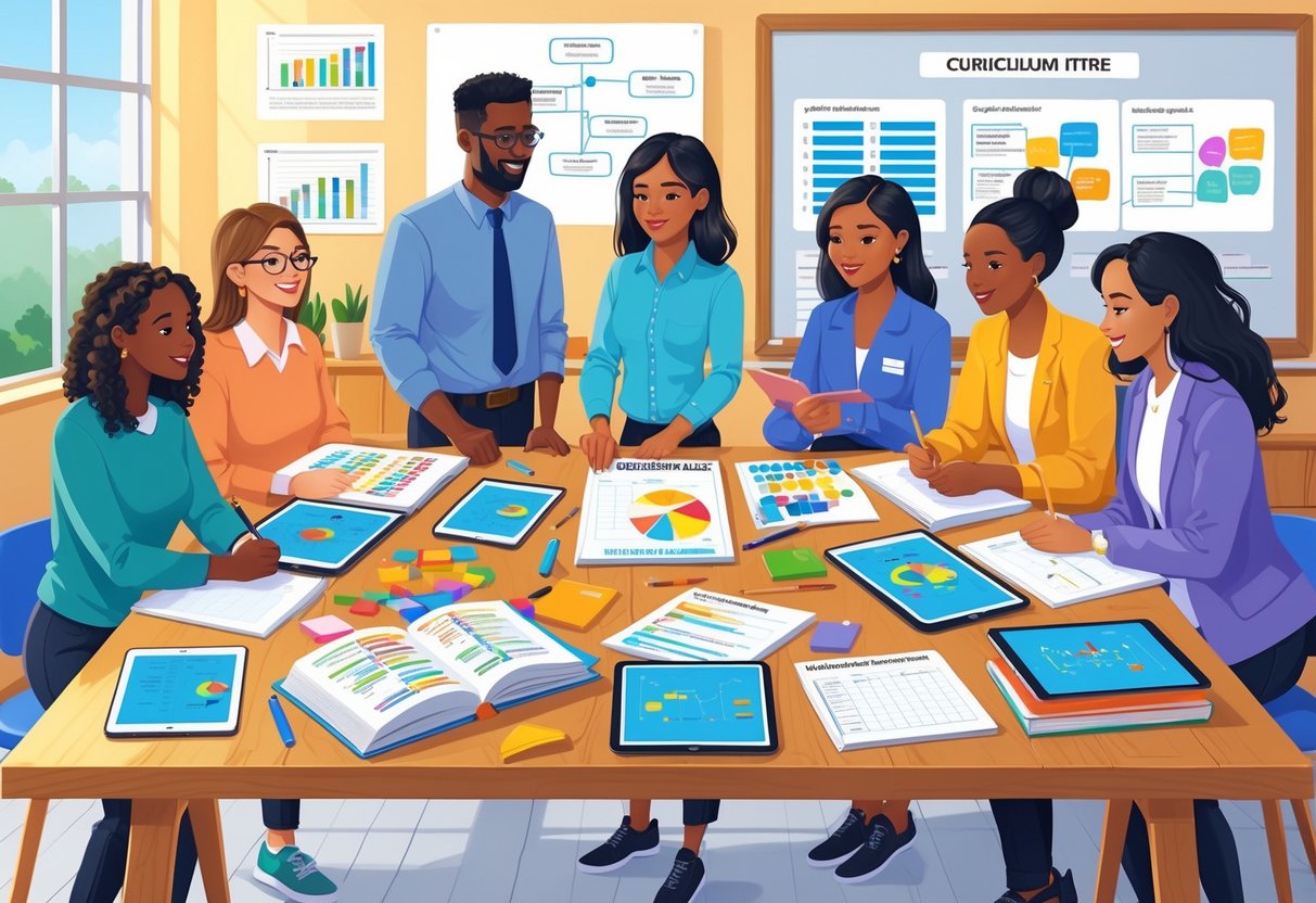 A group of educators reviewing curriculum materials and assessment resources together around a table in a classroom.