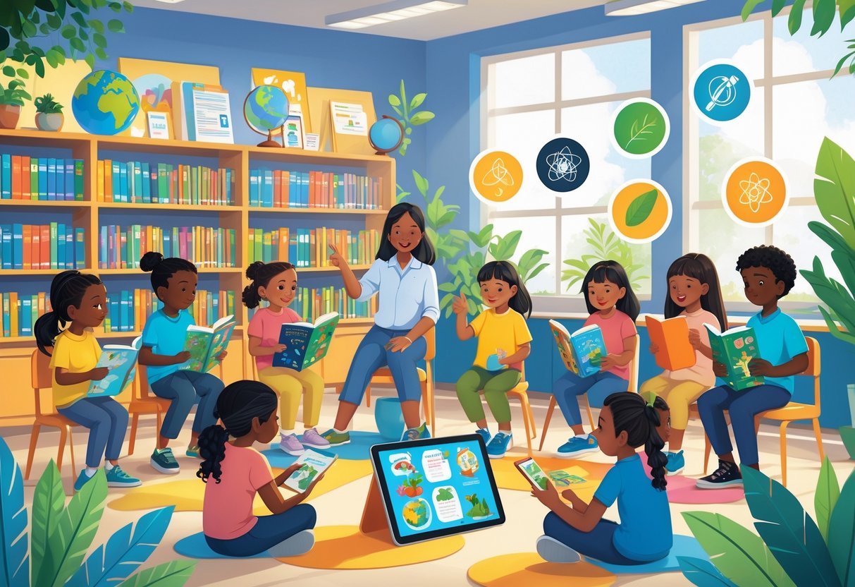 Topic Based Resources: Essential Tools and Strategies for Effective Learning LearningMole A group of children and an educator in a library exploring books and digital tablets focused on different subjects, surrounded by bookshelves and thematic icons.