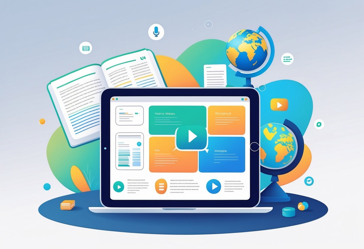 Topic Based Resources: Essential Tools and Strategies for Effective Learning LearningMole A digital tablet showing colourful icons representing different types of topic-based resources including books, articles, videos, podcasts, and websites arranged around it.