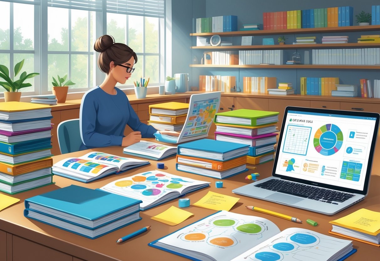 Topic Based Resources: Essential Tools and Strategies for Effective Learning LearningMole A person working at a desk surrounded by educational materials and digital devices, creating topic-based learning resources in a well-lit office.