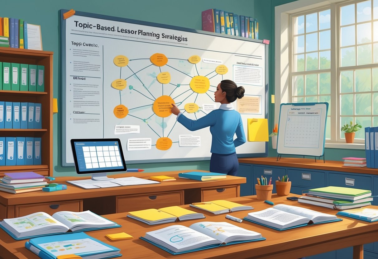 Topic Based Resources: Essential Tools and Strategies for Effective Learning LearningMole A teacher working at a desk surrounded by educational materials and a wall board with interconnected topic clusters and diagrams for lesson planning.