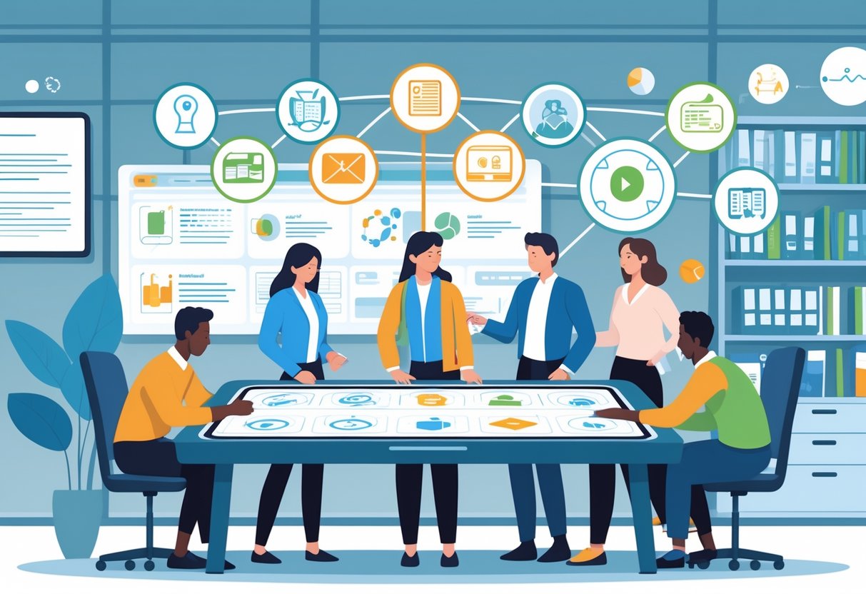 Topic Based Resources: Essential Tools and Strategies for Effective Learning LearningMole People collaborating around a digital table with floating icons and documents representing different topics and resources in a modern office setting.