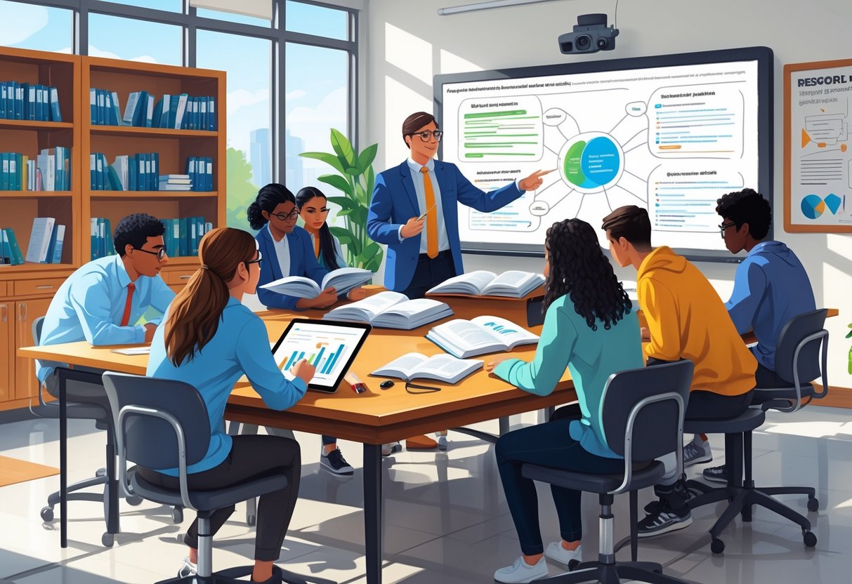 Inquiry Based Learning Resources: Essential Tools & Strategies LearningMole A group of students and a teacher working together around a table with books and tablets in a classroom, examining research materials and discussing ideas.