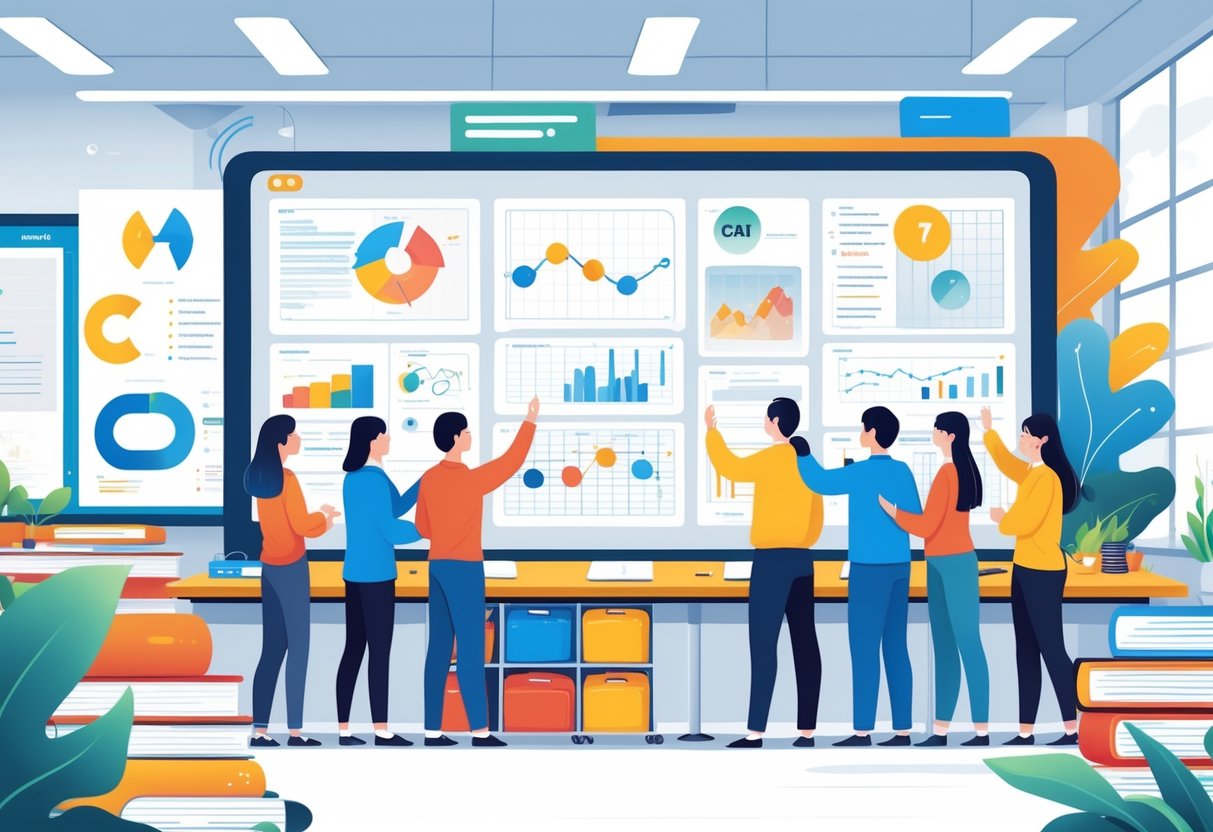Curriculum Objectives: Foundations, Writing, and Implementation LearningMole A group of educators and students working together around a digital board showing charts and diagrams in a bright classroom, symbolising the ongoing improvement of curriculum objectives.
