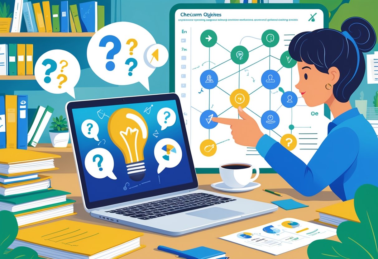 Curriculum Objectives: Foundations, Writing, and Implementation LearningMole A person pointing at a digital board with icons representing questions and learning goals, surrounded by a laptop, documents, and educational materials on a tidy desk.
