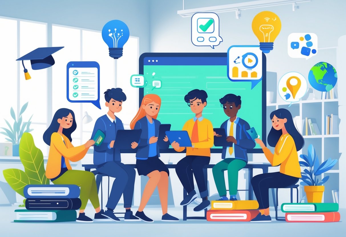 Educational Apps: The Ultimate Guide to Learning Apps in 2025 LearningMole Students using tablets and laptops surrounded by icons representing learning app features like achievement, innovation, progress, communication, security, and global access in a modern classroom.