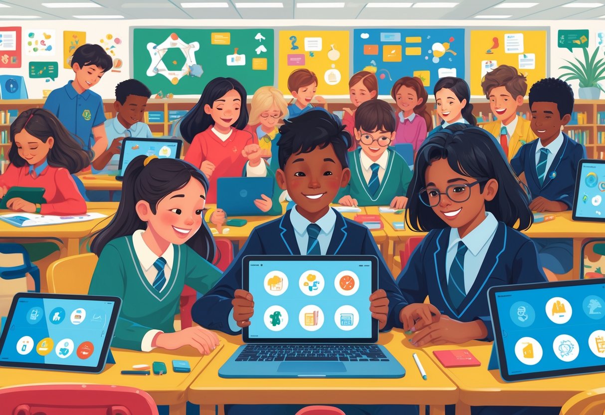 Educational Apps: The Ultimate Guide to Learning Apps in 2025 LearningMole A group of primary and secondary students using tablets and laptops in a classroom, engaged and focused on learning activities.