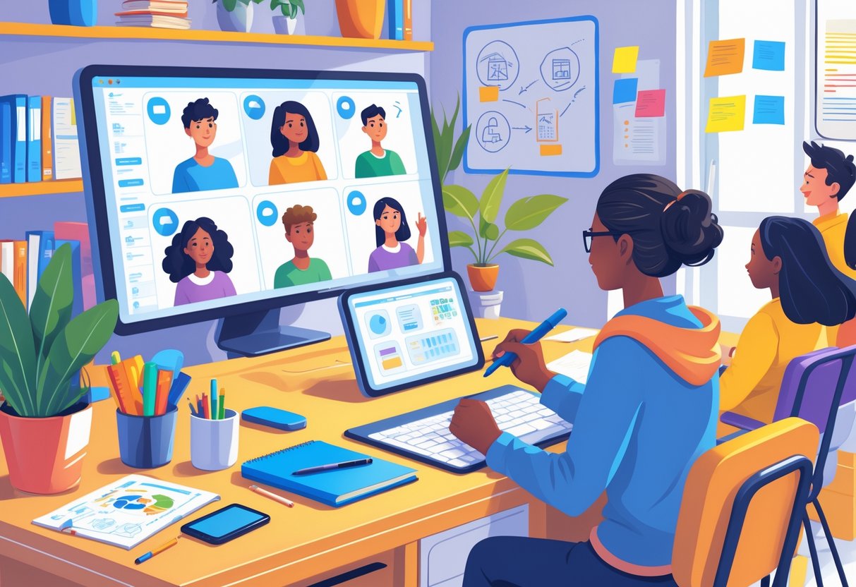 Digital Teaching Tools: Essential Resources for Modern Educators LearningMole A teacher in a home office conducting a video call with students, using a computer and digital tools for remote teaching.