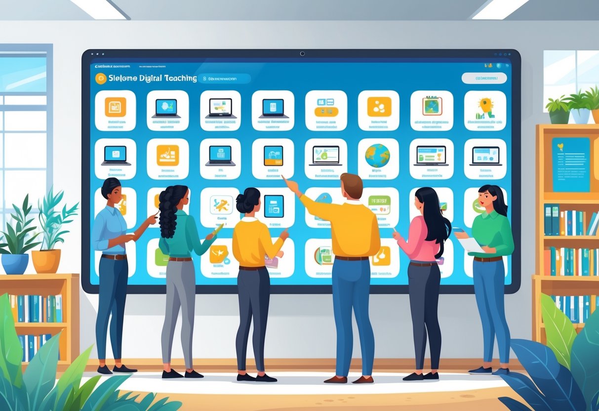 Digital Teaching Tools: Essential Resources for Modern Educators LearningMole A group of educators discussing and selecting digital teaching tools around a large interactive screen in a classroom.