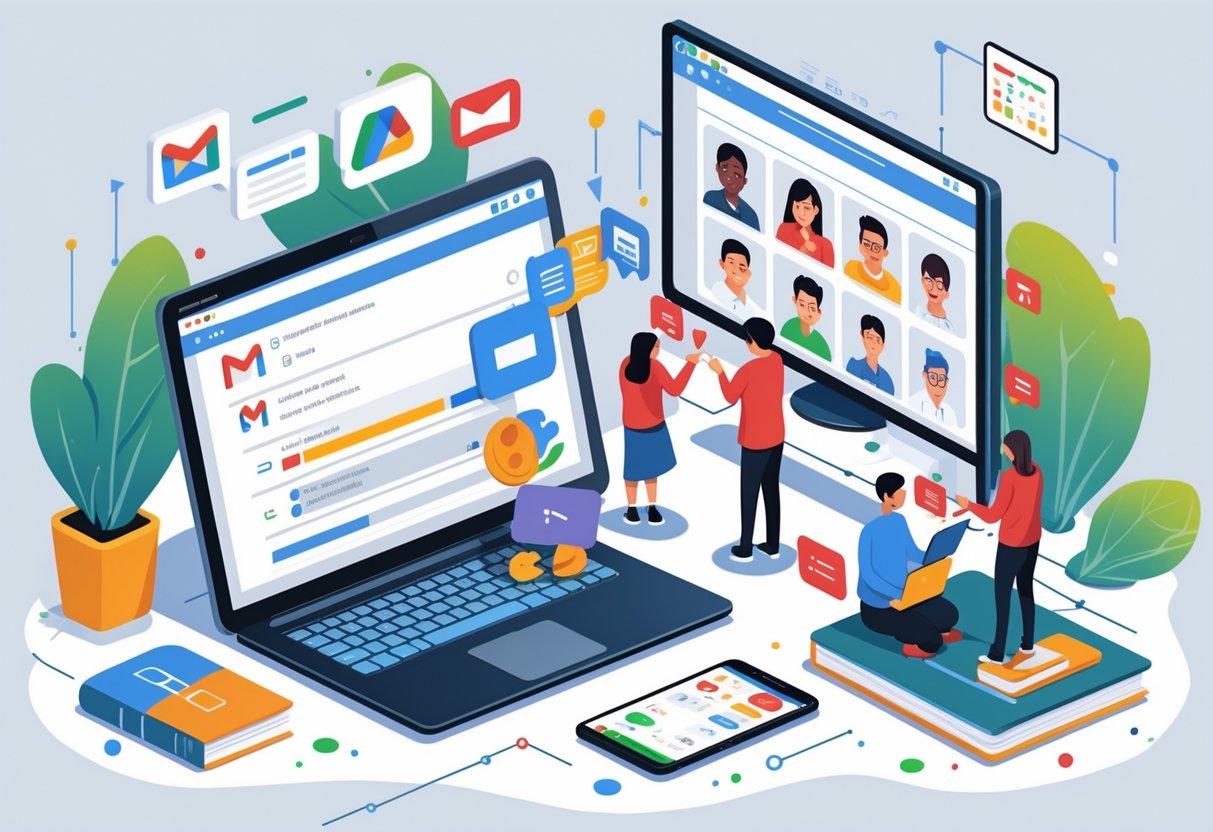 Google Classroom Resources: Essential Digital Tools for Educators Google Classroom LearningMole A group of people using laptops and tablets to communicate and learn online with video calls and email interfaces, surrounded by educational materials.