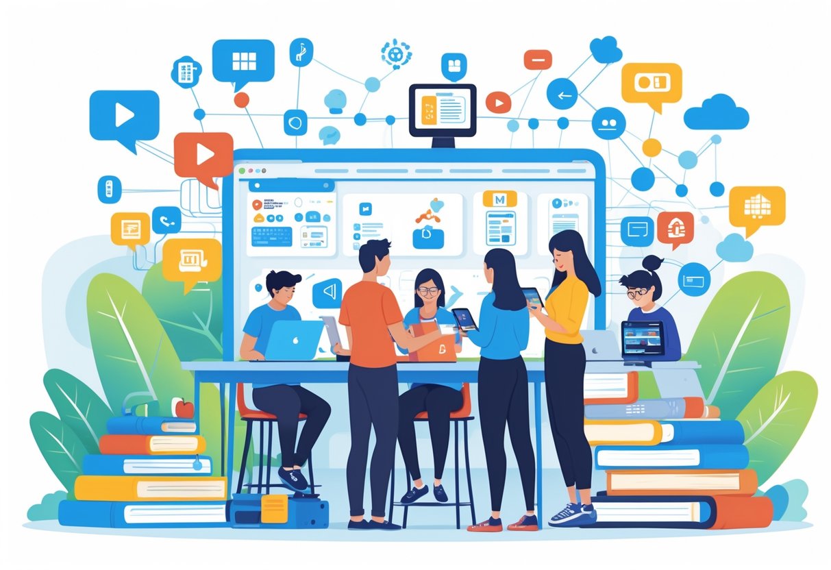Blended Learning Resources: Essential Tools and Strategies for Success LearningMole A group of students and teachers using laptops and tablets together in a classroom combined with virtual learning elements like digital icons and network connections.