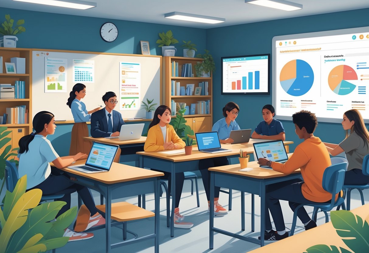Blended Learning Resources: Essential Tools and Strategies for Success LearningMole A classroom scene with students using laptops and tablets alongside face-to-face learning, showing collaboration and technology integration.