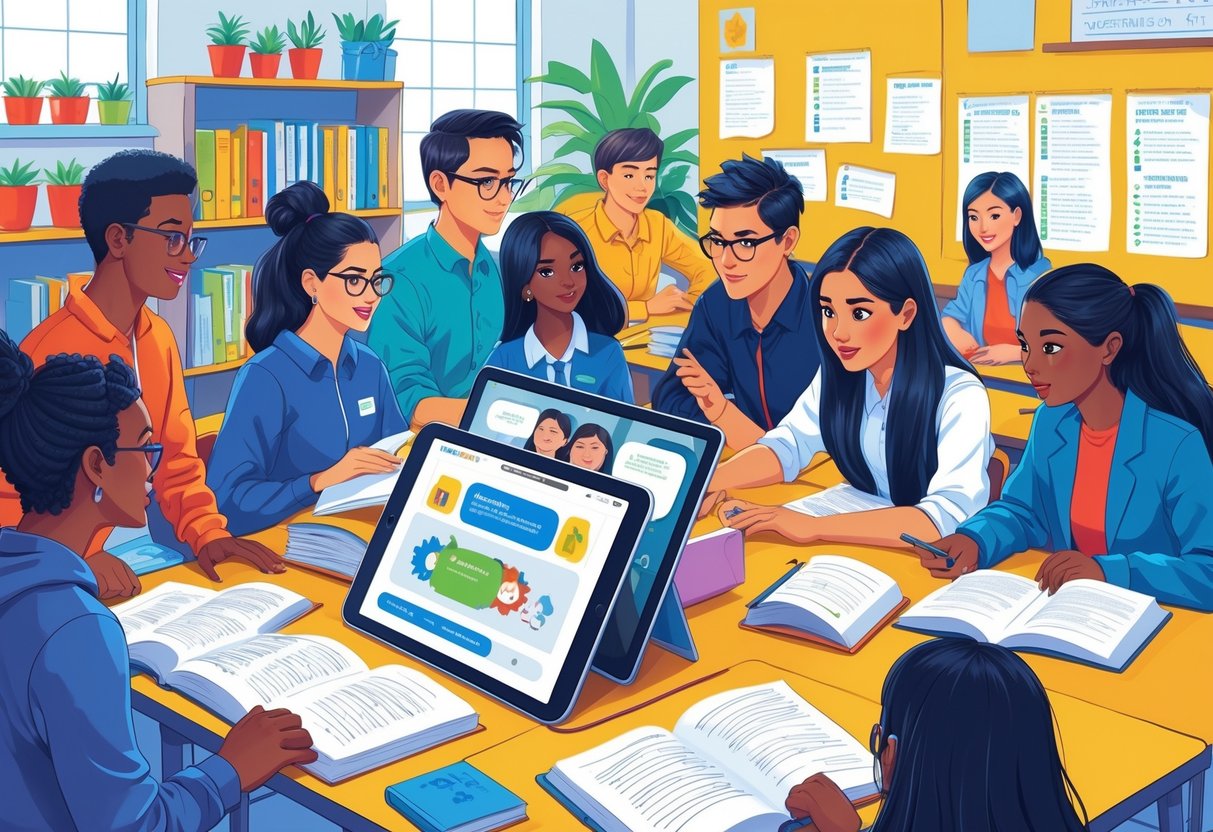 Blended Learning Resources: Essential Tools and Strategies for Success LearningMole A group of students and educators using digital devices and books together in a bright classroom.