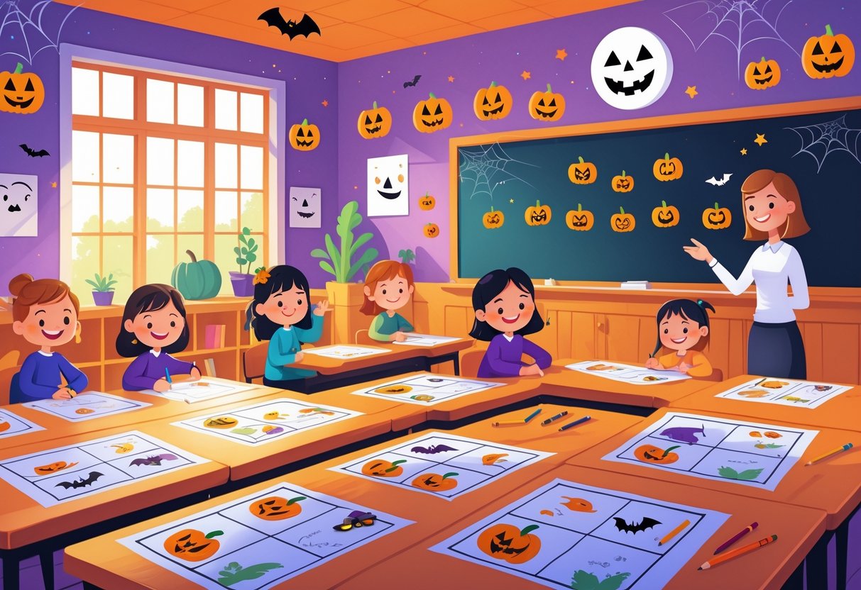 Halloween Teaching Resources: The Ultimate Educators’ Guide LearningMole Children working on Halloween-themed worksheets in a decorated classroom with a teacher nearby and festive decorations on the walls.