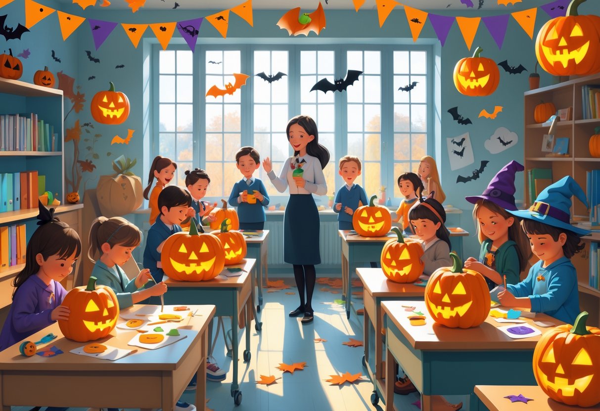 Halloween Teaching Resources: The Ultimate Educators’ Guide LearningMole Children in a classroom creating Halloween crafts with pumpkins, paper masks, and decorations while a teacher helps them.