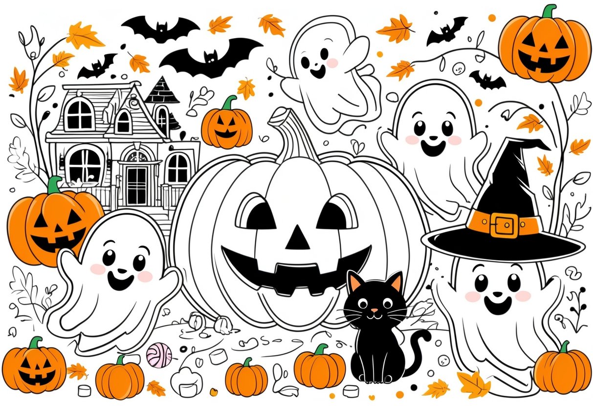 Halloween Teaching Resources: The Ultimate Educators’ Guide LearningMole A Halloween scene with a smiling pumpkin, ghosts, a black cat, a witch's hat, a haunted house, bats, autumn leaves, and candy arranged for colouring.