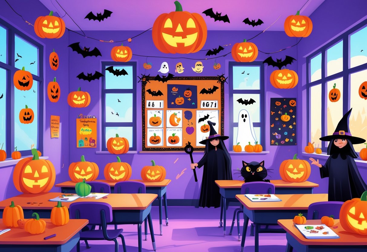 Halloween Teaching Resources: The Ultimate Educators’ Guide LearningMole A classroom decorated with Halloween-themed items including pumpkins, ghosts, witches, bats, and student artwork, creating a festive and welcoming learning space.