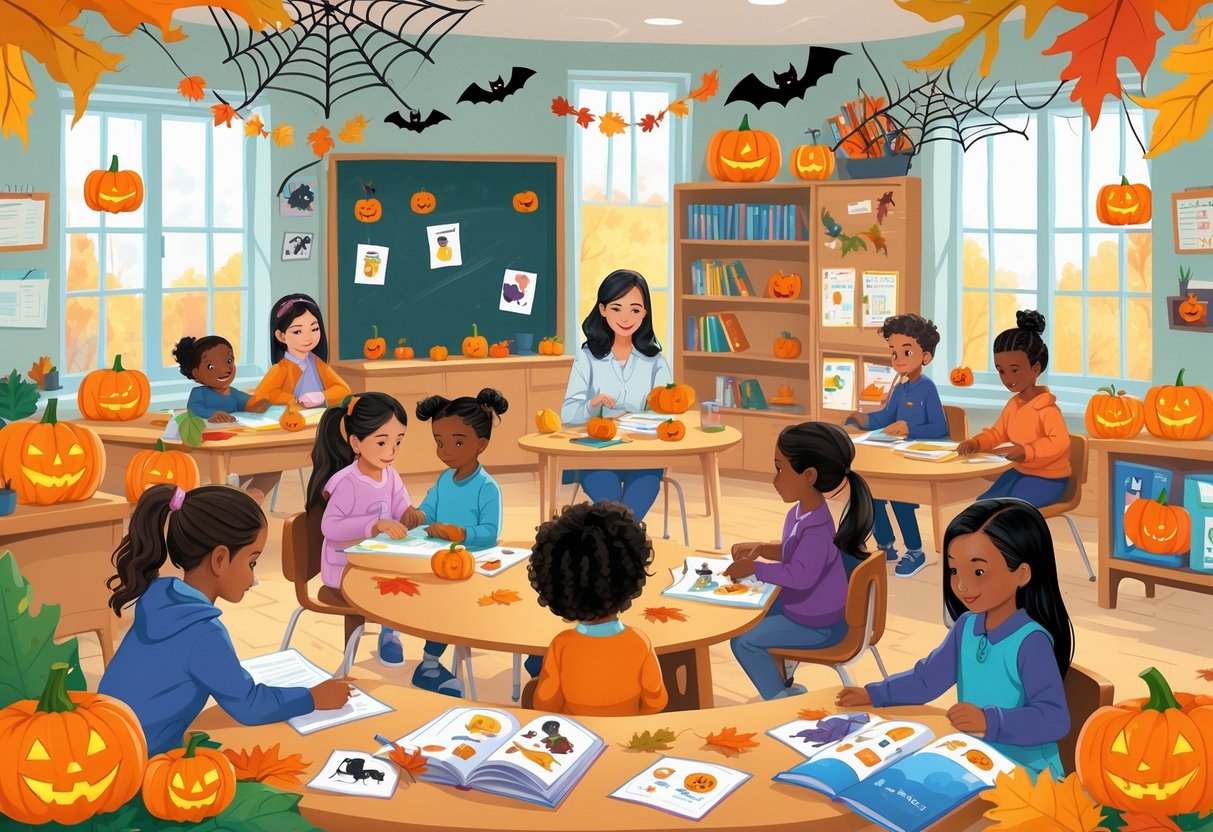 Halloween Teaching Resources: The Ultimate Educators’ Guide LearningMole A classroom decorated for Halloween with children of different ages engaged in various educational activities using Halloween-themed materials.