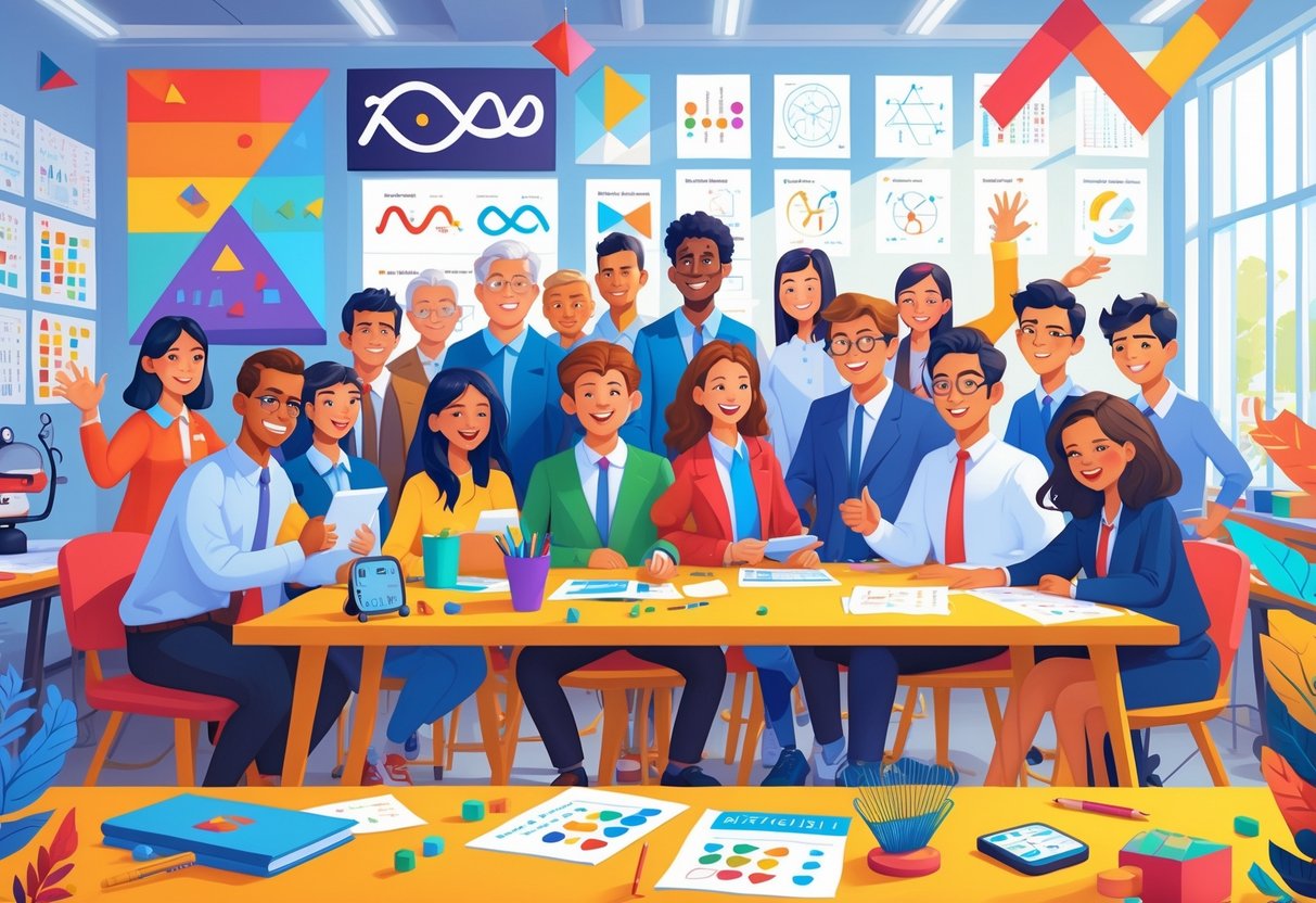Maths Week Resources: The Ultimate Guide to Activities & Ideas Maths Week Resources LearningMole A group of diverse people including students and educators working together on math activities in a bright classroom filled with math symbols and educational tools.