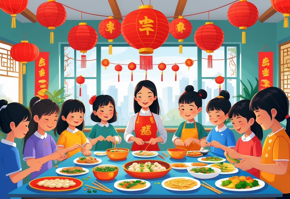 Chinese New Year Resources: Classroom Ideas, Activities & Guides LearningMole Children and a teacher preparing traditional Chinese New Year food in a decorated classroom.