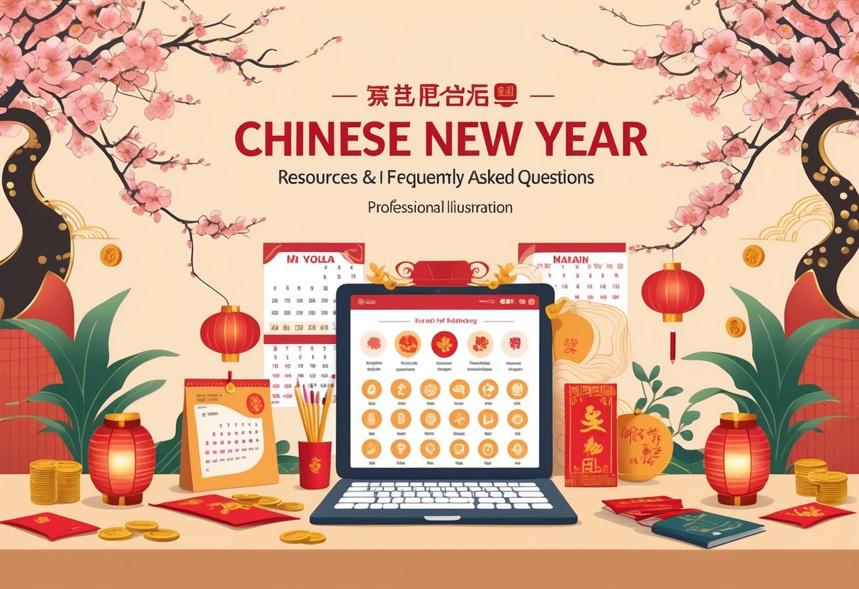 Chinese New Year Resources: Classroom Ideas, Activities & Guides LearningMole A desk with Chinese New Year items like red envelopes, lanterns, a calendar, and a tablet, surrounded by cherry blossoms and gold coins.