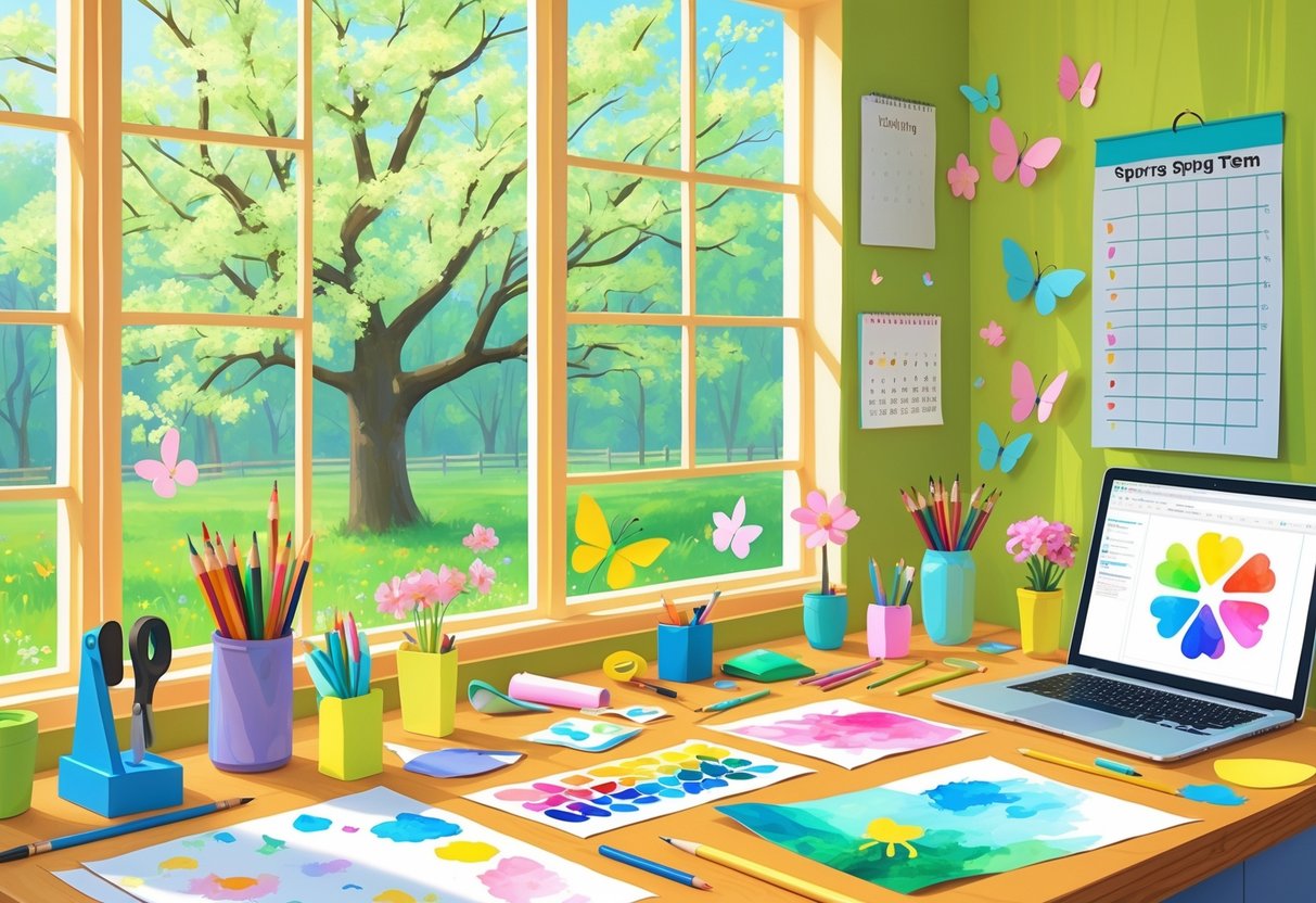 Spring Term Resources: Essential Tools and Ideas for Educators LearningMole A bright room with a desk covered in art supplies and paper crafts of flowers and butterflies, with windows showing blossoming trees outside.