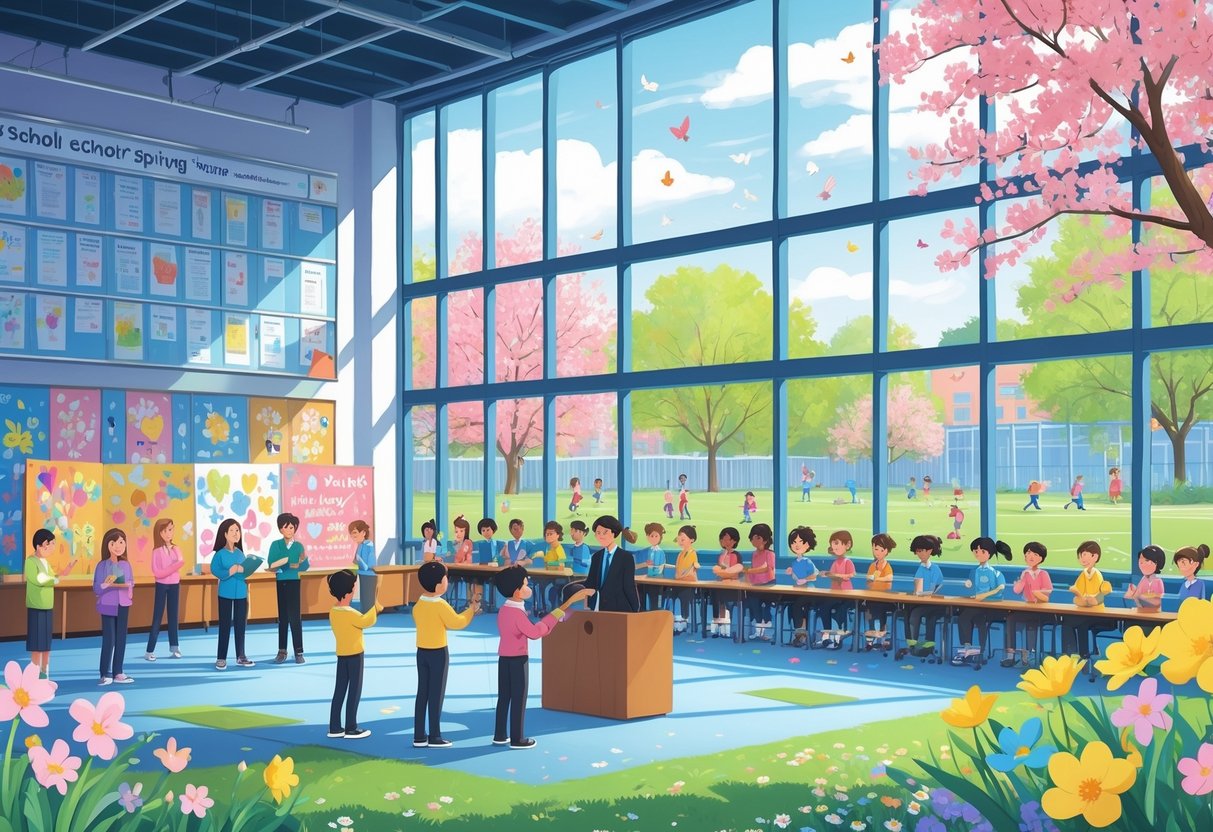 Spring Term Resources: Essential Tools and Ideas for Educators LearningMole A school assembly with students and teachers involved in various spring term activities inside a bright hall, with springtime trees and children playing outside.