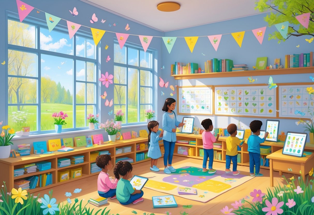 Spring Term Resources: Essential Tools and Ideas for Educators LearningMole A bright classroom with children learning and drawing spring-themed pictures, surrounded by colourful books and decorations with views of blossoming trees outside.