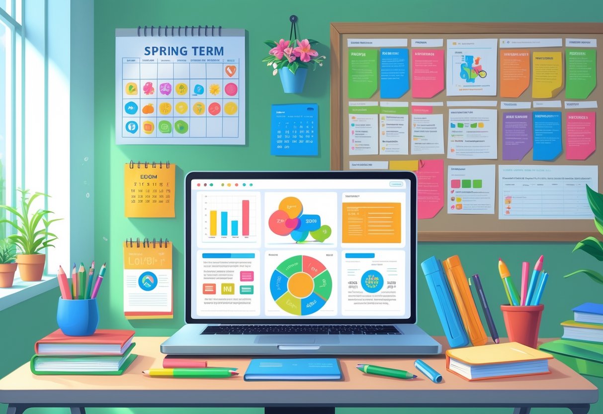 Spring Term Resources: Essential Tools and Ideas for Educators LearningMole A bright workspace with a laptop, books, stationery, a calendar showing spring months, a potted plant, and a bulletin board with pinned notes.