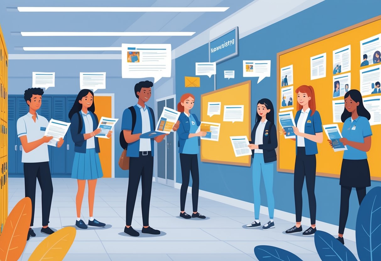 School Newsletter Templates: Creative Designs & Tips for UK Schools LearningMole A group of students and teachers sharing school newsletters through printed copies, digital tablets, a bulletin board, and smartphone notifications in a school setting.