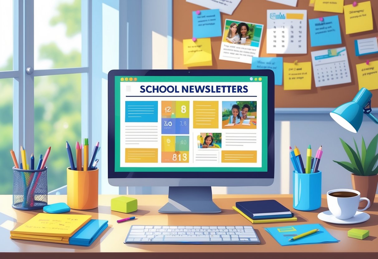 School Newsletter Templates: Creative Designs & Tips for UK Schools LearningMole A desk with a laptop showing a colourful newsletter layout, surrounded by stationery and a bulletin board with photos and notes in the background.