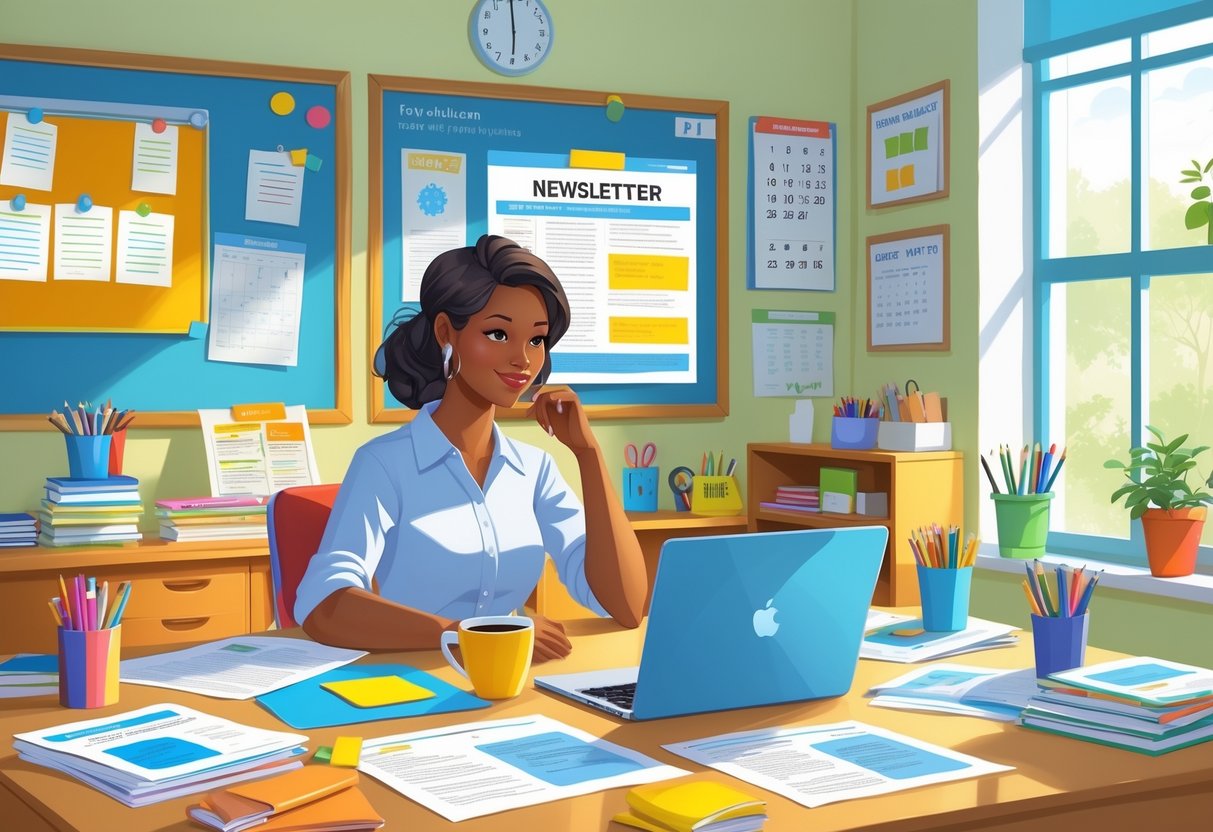 School Newsletter Templates: Creative Designs & Tips for UK Schools LearningMole A teacher at a desk in a classroom surrounded by stationery, papers, a laptop, and bulletin boards, working on creating a newsletter.