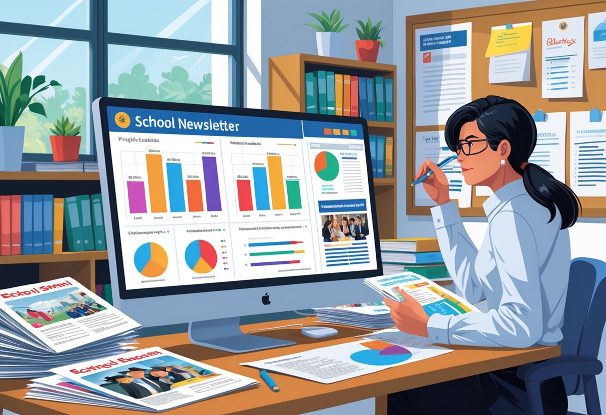 School Newsletter Templates: Creative Designs & Tips for UK Schools LearningMole A person analysing charts and newsletter templates at a desk in a school office environment.