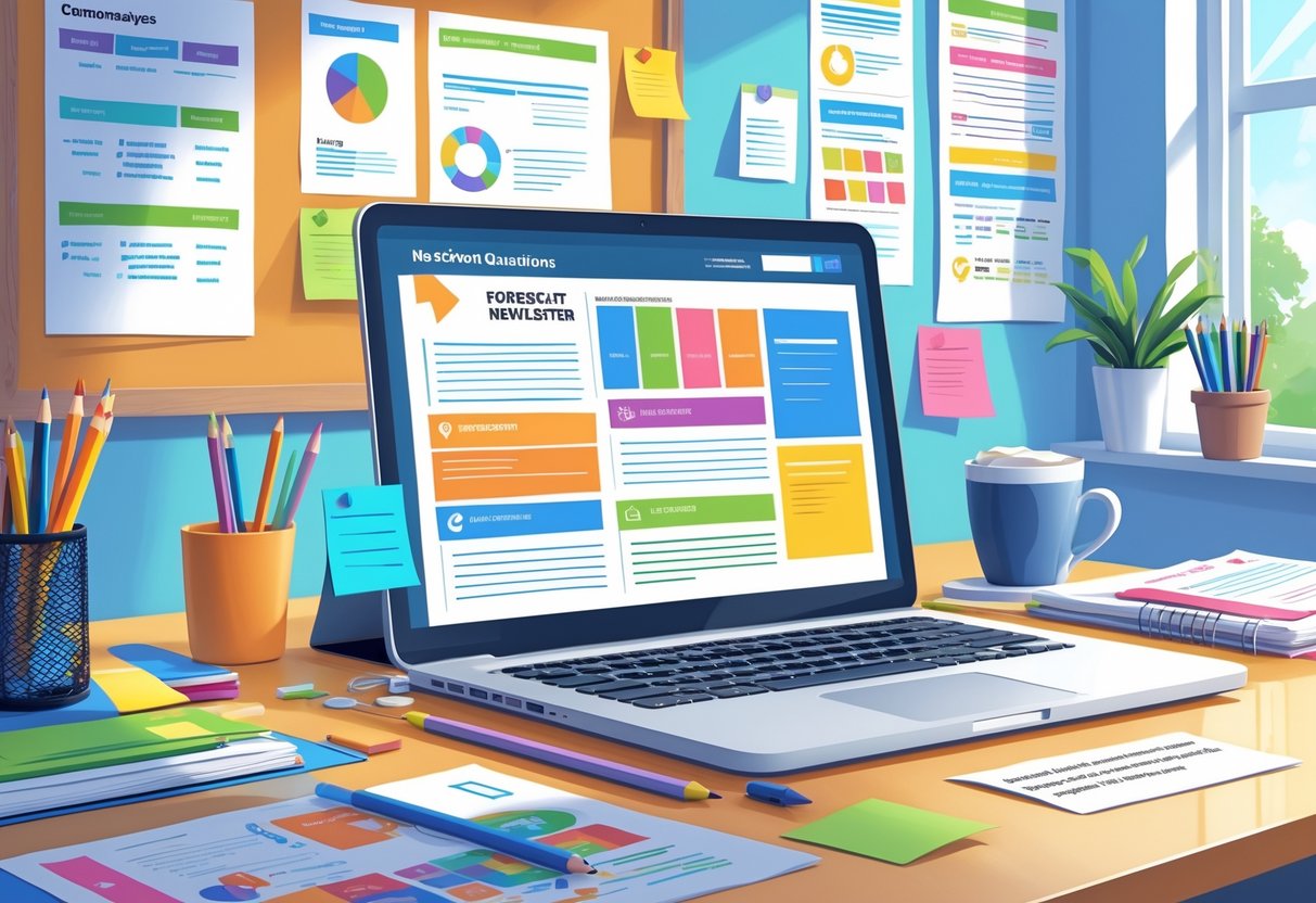 School Newsletter Templates: Creative Designs & Tips for UK Schools LearningMole A desk with a laptop showing school newsletter templates, surrounded by stationery and a bulletin board in the background.