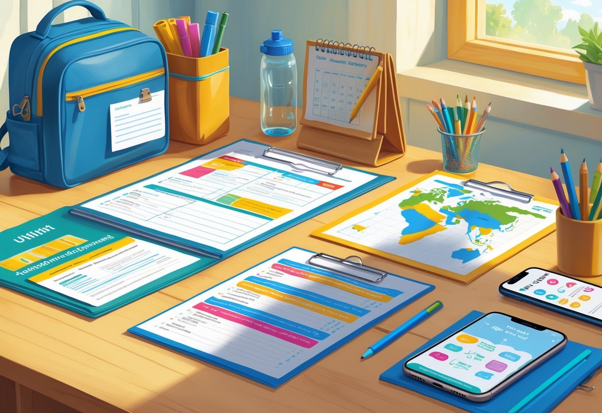 School Trip Resources: Essential Tools and Expert Planning Guide LearningMole A tidy desk with school trip documents, including permission slips, itinerary sheets, a map, a calendar, pens, and a school bag with a lunchbox and water bottle.