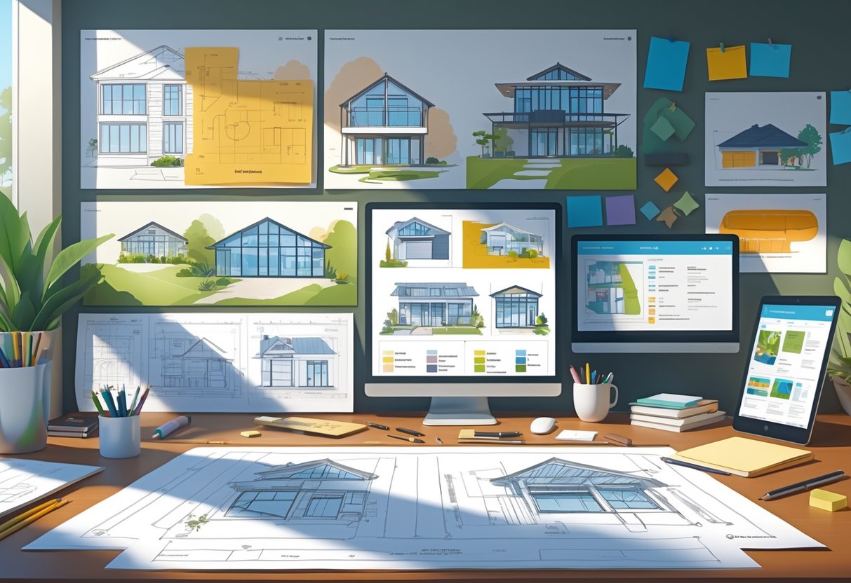 House System Resources: Tools, Guides & Ideas for Schools LearningMole A workspace with blueprints, sketches, colour palettes, and digital devices showing house designs and storyboards, arranged neatly on a desk.