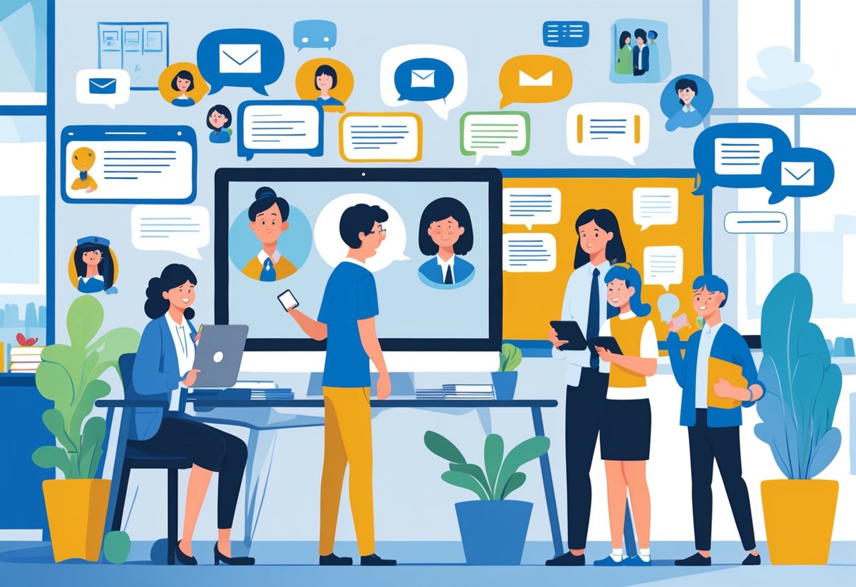 School Communication Templates: Guide to Effective School Messaging LearningMole A group of teachers, students, and parents using laptops, tablets, and phones to communicate in a school setting with a bulletin board showing notes and icons representing different communication methods.