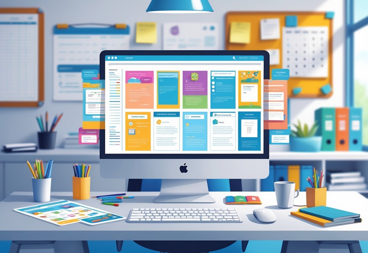 School Communication Templates: Guide to Effective School Messaging LearningMole A workspace with a computer showing different school communication templates, surrounded by office supplies and educational materials.