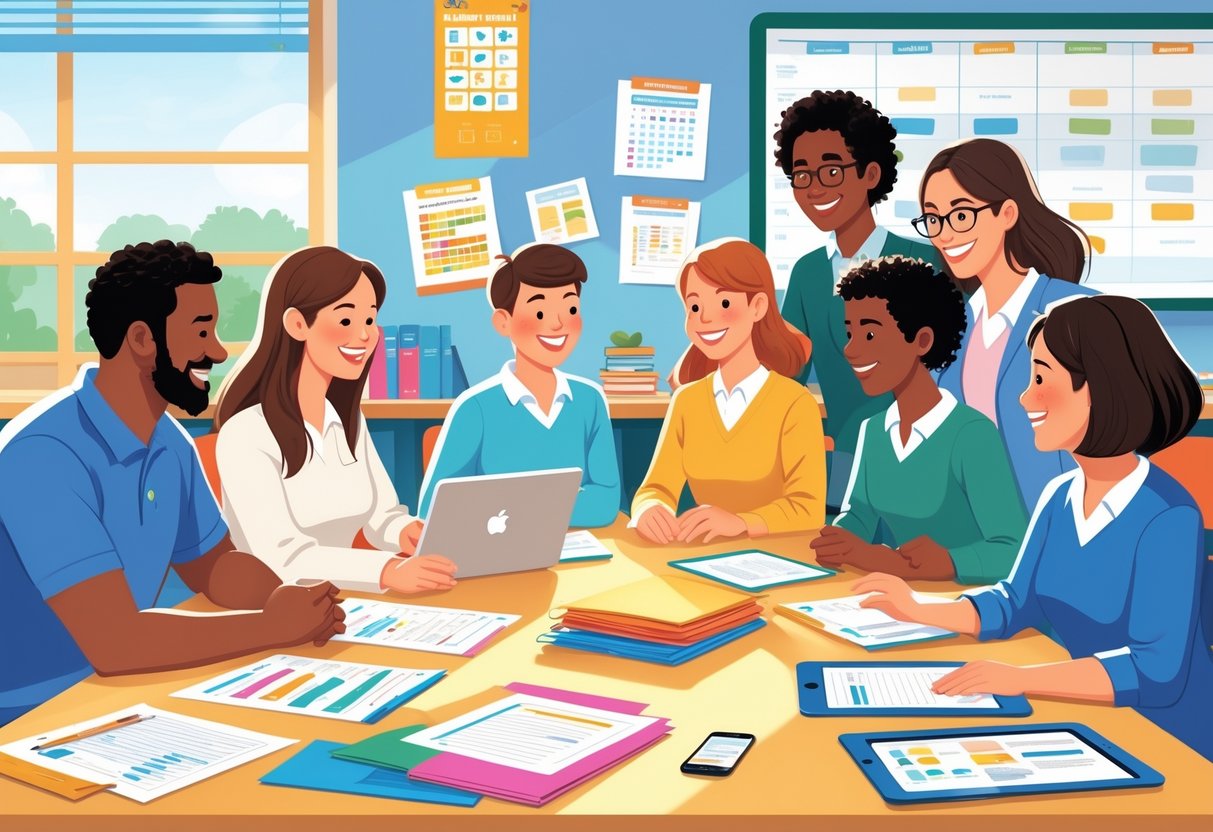 School Communication Templates: Guide to Effective School Messaging LearningMole Parents and teachers sitting together at a table in a school room, discussing documents and using digital devices in a friendly meeting.