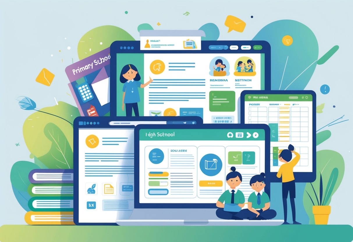 School Communication Templates: Guide to Effective School Messaging LearningMole An illustration showing three sections representing primary, secondary, and high school levels with different communication templates displayed on digital devices.