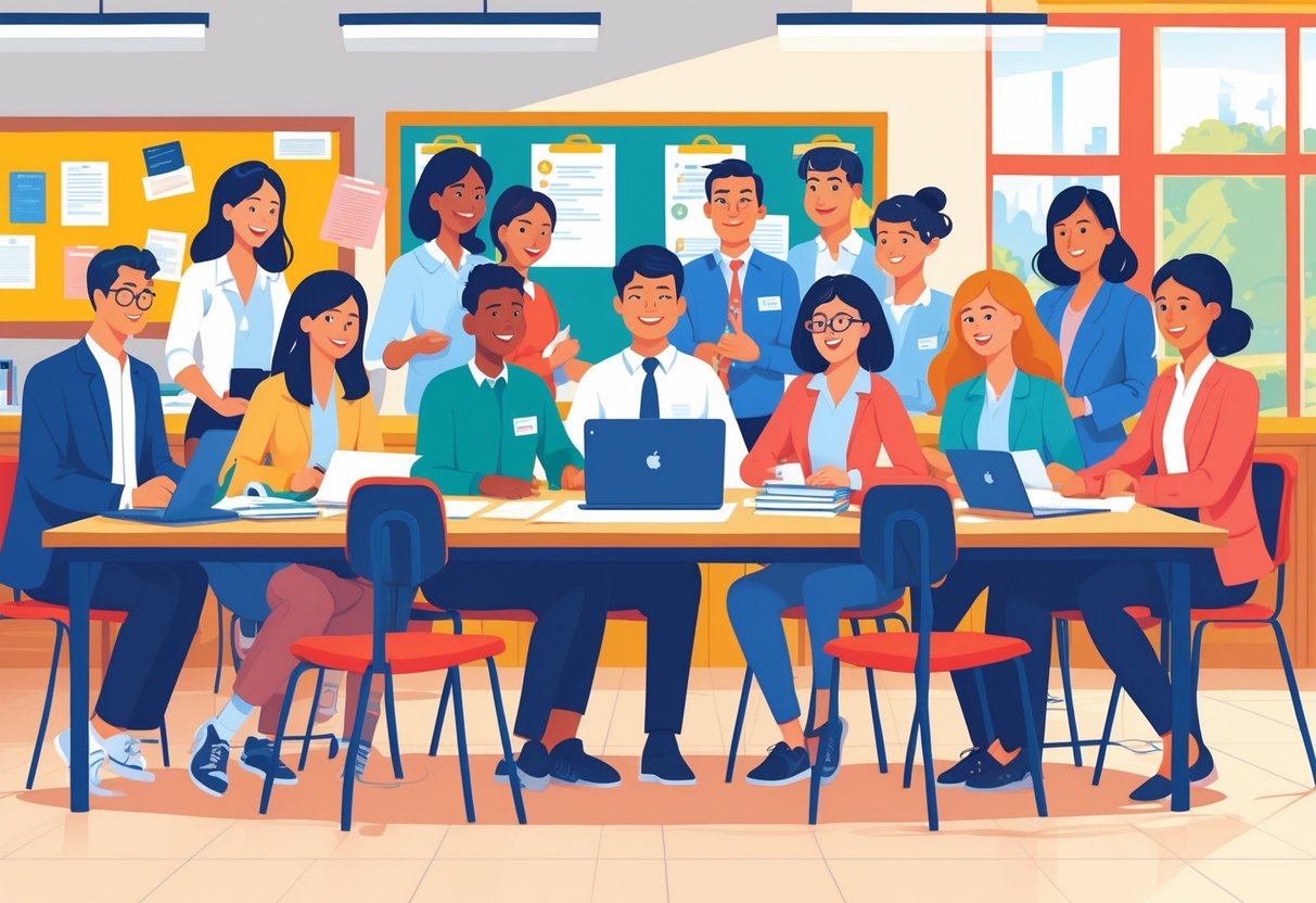 School Communication Templates: Guide to Effective School Messaging LearningMole A group of teachers, parents, students, and school staff sitting around a table in a school setting, collaborating and communicating with each other.