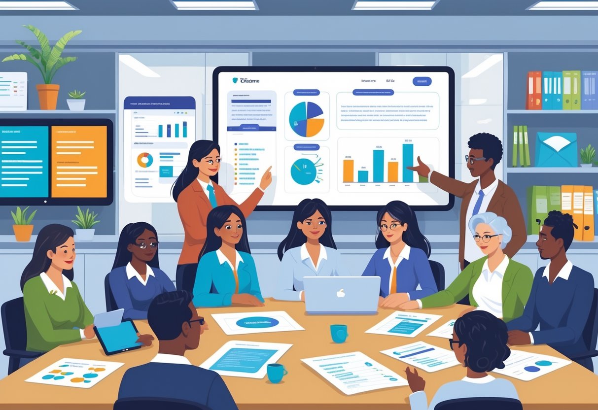 School Communication Templates: Guide to Effective School Messaging LearningMole A group of educators and specialists working together around a table, reviewing school communication templates on tablets and screens in a modern meeting room.